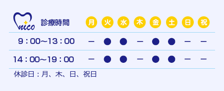 診療時間表　平日・土曜午前：9:00～13:00　平日午後：14:00～19:00　休診日：月、木、日、祝日
